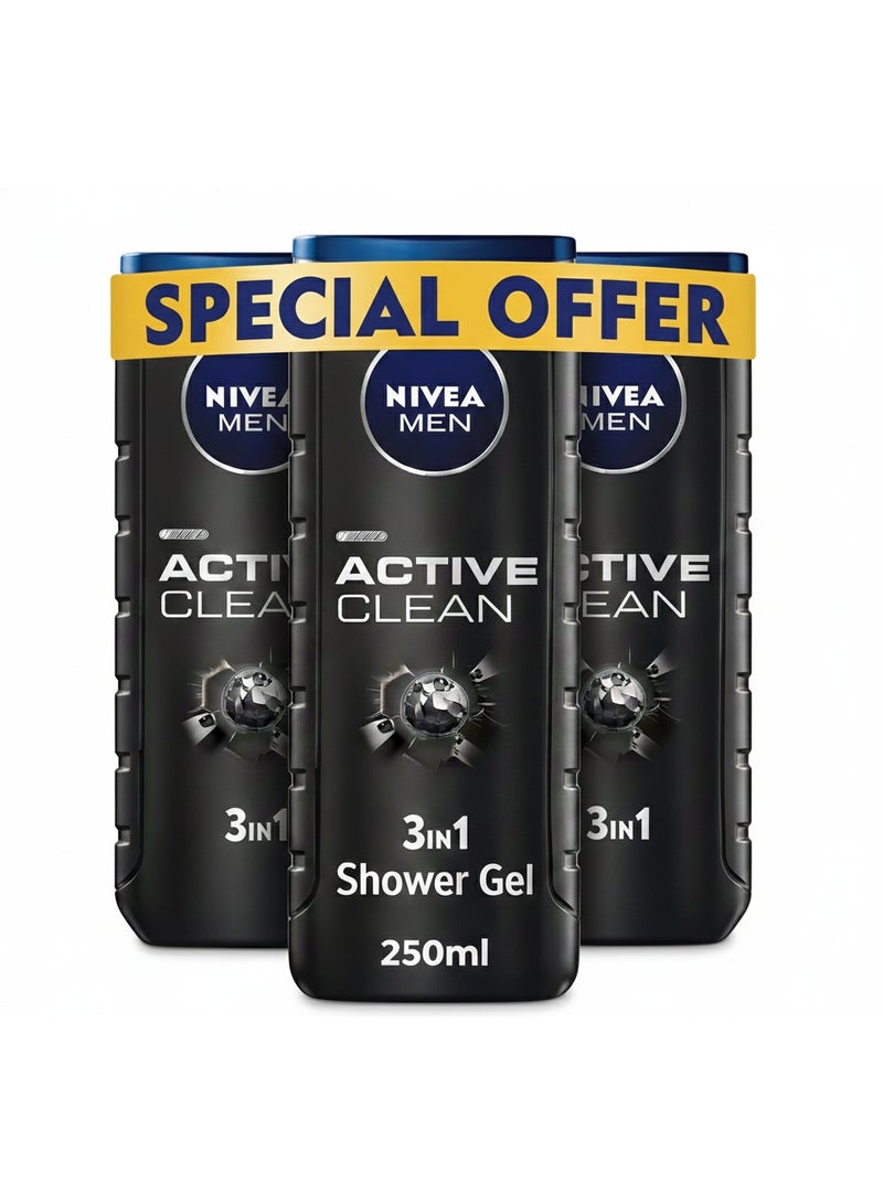 NIVEA MEN 3 In 1 Charcoal Shower Gel Pack Of 3 x 250ml - Image 1